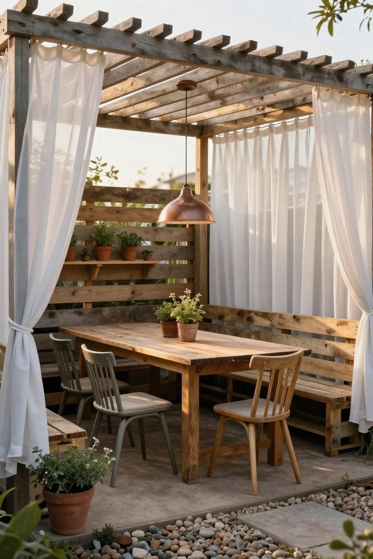 Wooden pergola with white sheer curtains enclosing a pallet-style wooden table, chairs, and benches, backed by pallet fencing with potted plants on shelves, on a gravel patio with stone edging.