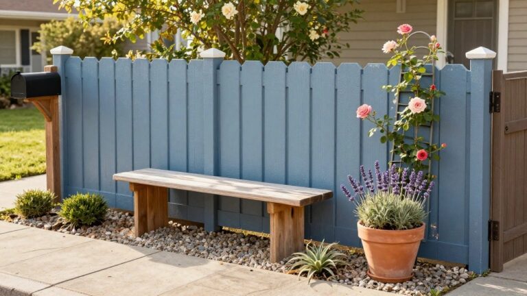 Blue horizontal slat wood fence runs alongside a paved stone path in a backyard, with a wooden bench positioned in front, climbing pink roses on a metal trellis, potted lavender and ferns in a gravel bed, and neighboring houses visible behind.