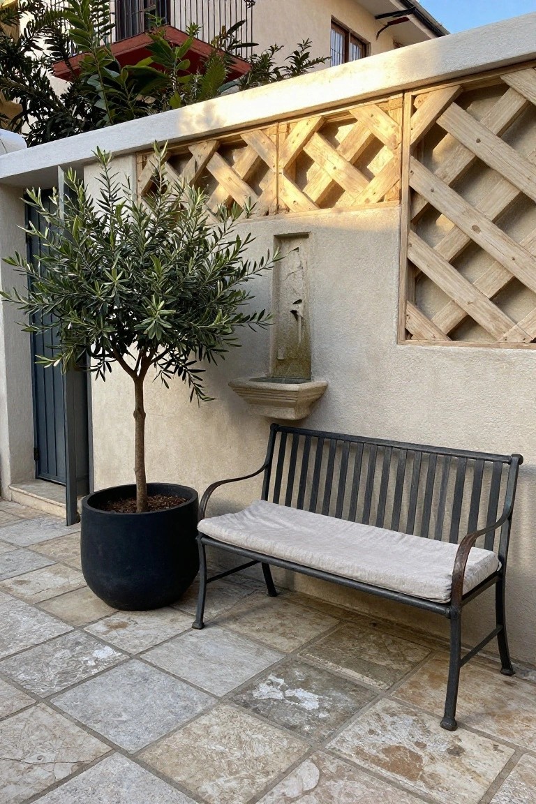 Outdoor courtyard with beige stucco walls featuring wooden lattice screens, a stone wall fountain, black potted olive tree, black metal bench with beige cushion, and light-colored tiled patio floor.