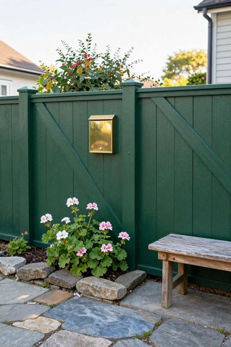 Green slatted wooden fence with diagonal braces and a gold mailbox mounted on one post, pink and white geraniums planted at the base next to rocks, a weathered wooden bench against the fence, and a stone path in front in a backyard.