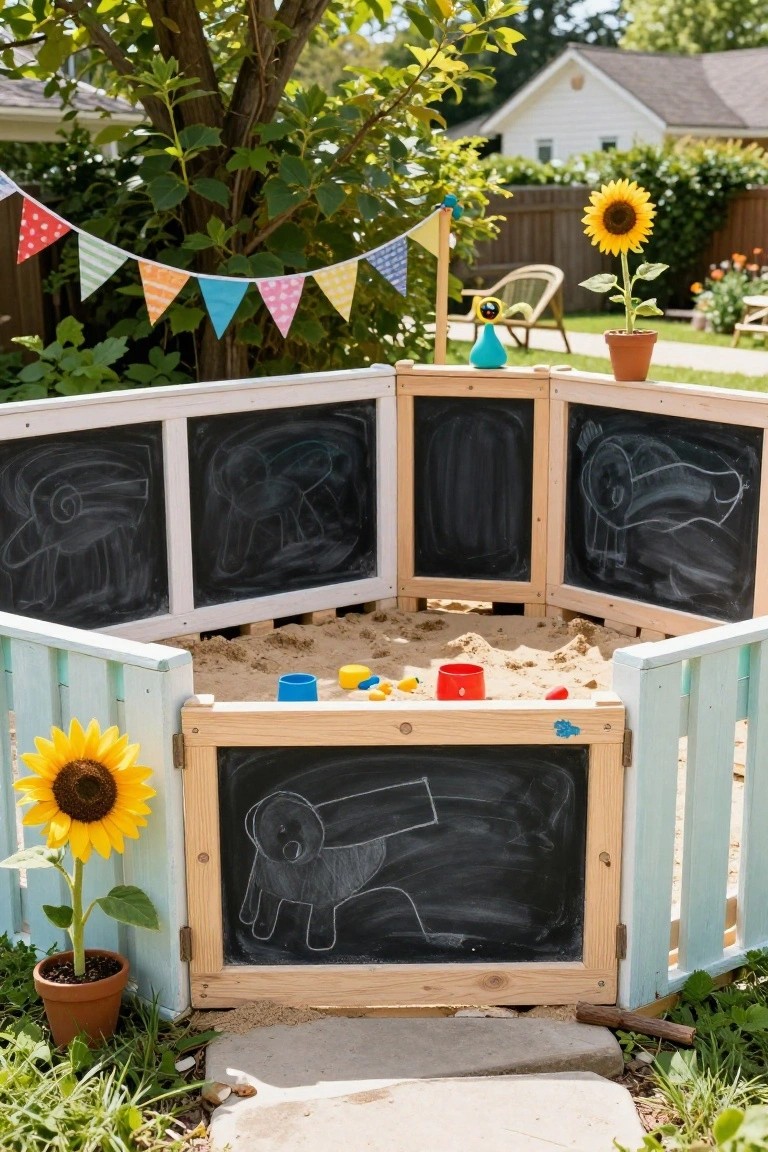 Wooden pallet enclosure forming a sandbox with black chalkboard panels on interior sides featuring child drawings, sand and toys inside, surrounded by garden plants, sunflowers, bunting flags, and a backyard setting.