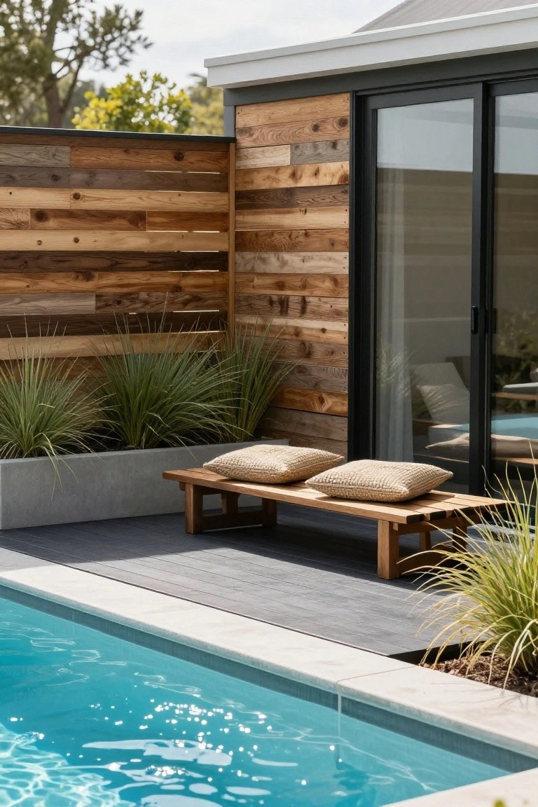 Poolside outdoor area featuring horizontal reclaimed wood slat fence beside sliding glass doors, wooden bench with beige cushions on dark decking, concrete planters with grasses, and turquoise pool water.