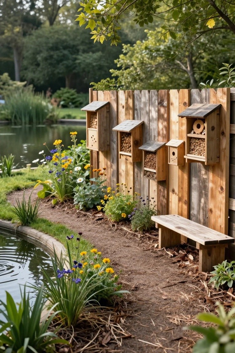 Weathered wooden pallet fence with multiple insect hotels mounted at various heights, next to a gravel garden path, wooden bench, colorful flowers, and a small pond edged with plants.