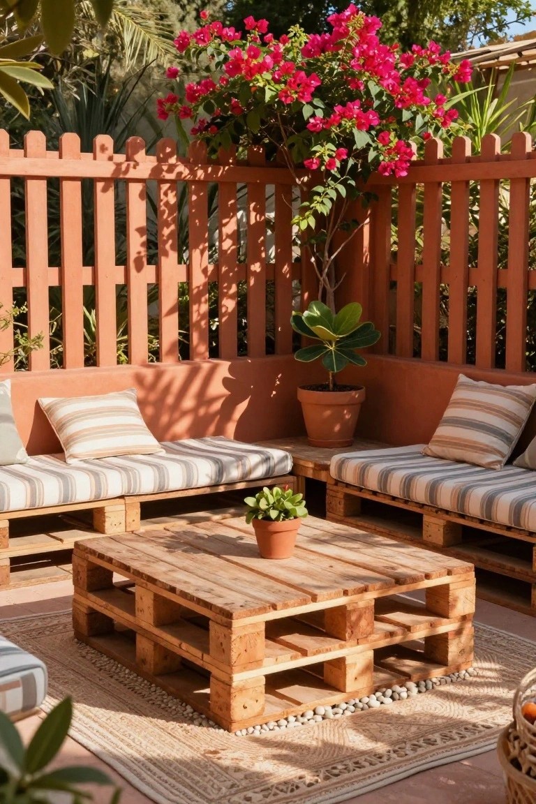 Terracotta picket fence made from pallets encloses an outdoor seating area with pallet wood benches, low table, striped cushions, potted plants, and bougainvillea vines against adobe walls.