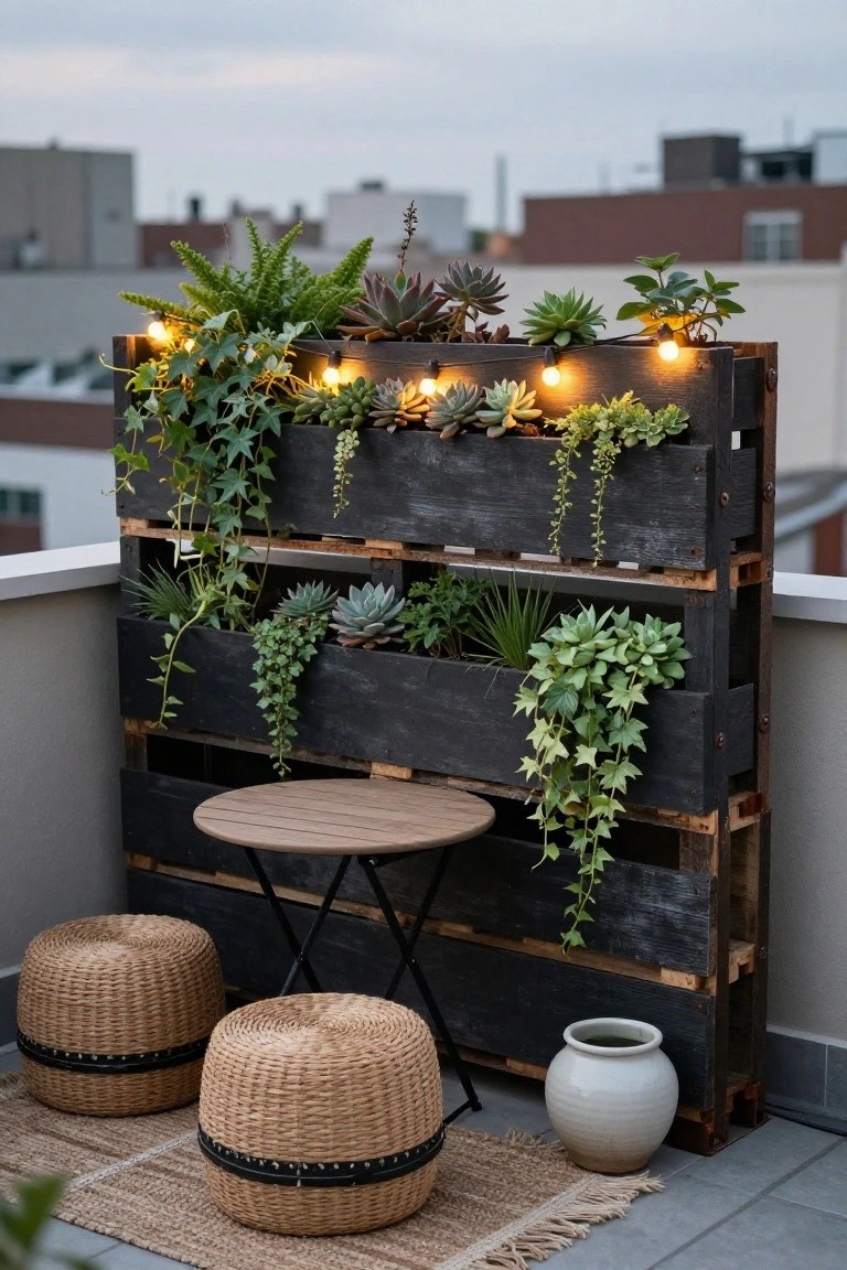 Black recycled pallet wood forms a multi-tiered wall on a concrete balcony, holding potted succulents, trailing ivy, and other plants, with string lights, a small round wooden table, two rattan stools with black trim, a white ceramic pot, and jute rugs on the floor.