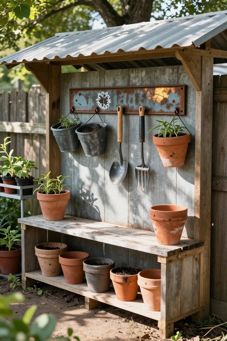 Rustic wooden potting bench under a corrugated metal roof attached to a gray slat fence, with hanging tools, metal buckets holding plants, a sign reading 