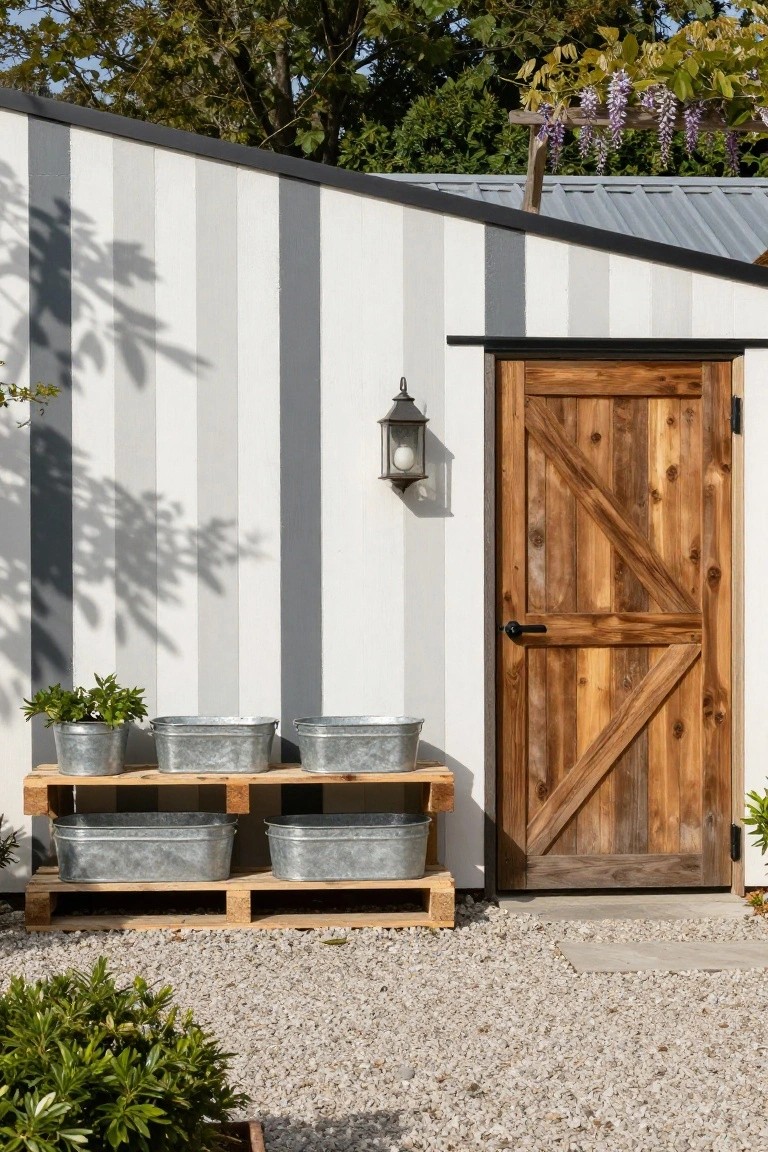 Garden shed with gray-and-white striped walls, wooden plank door, wall-mounted lantern, and stacked wooden pallets holding galvanized metal buckets with plants on a gravel ground surrounded by shrubs and trees.
