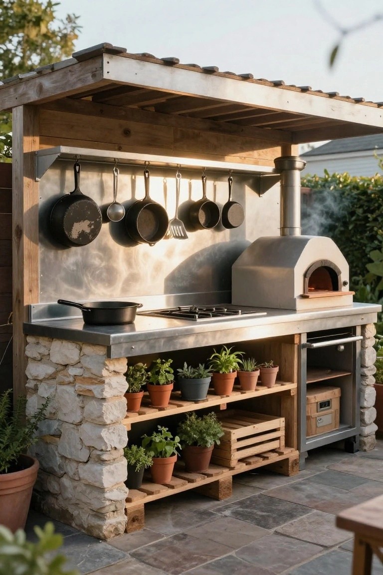 Outdoor kitchen on a patio with stainless steel counters and cooktop, wood-fired pizza oven, hanging cookware, stone base, wooden pallet-style shelving holding potted plants, and a wooden roof structure.