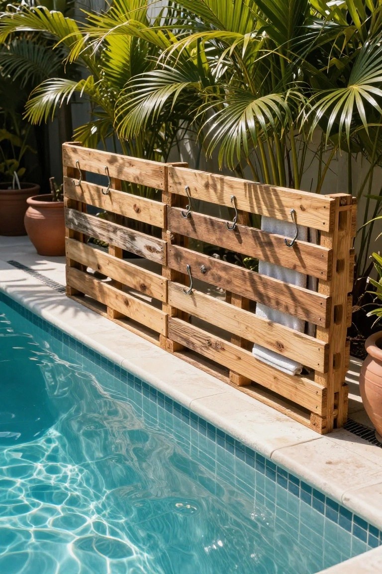 Wooden pallet fence with metal hooks holding white towels positioned next to an in-ground turquoise pool, with terracotta pots and palm trees nearby.