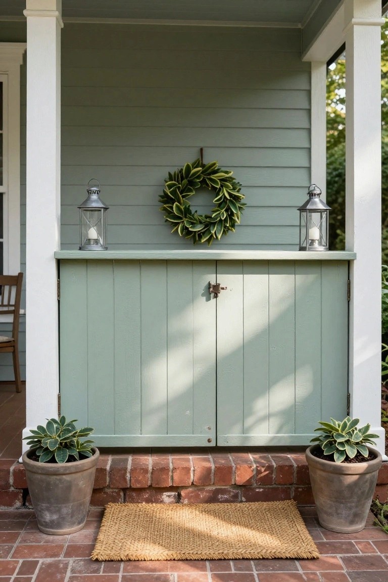 Front porch featuring sage green shiplap siding on house and cabinet with latch below a shelf holding two lanterns and a wreath, flanked by white columns, with potted plants on brick steps and a seagrass doormat.