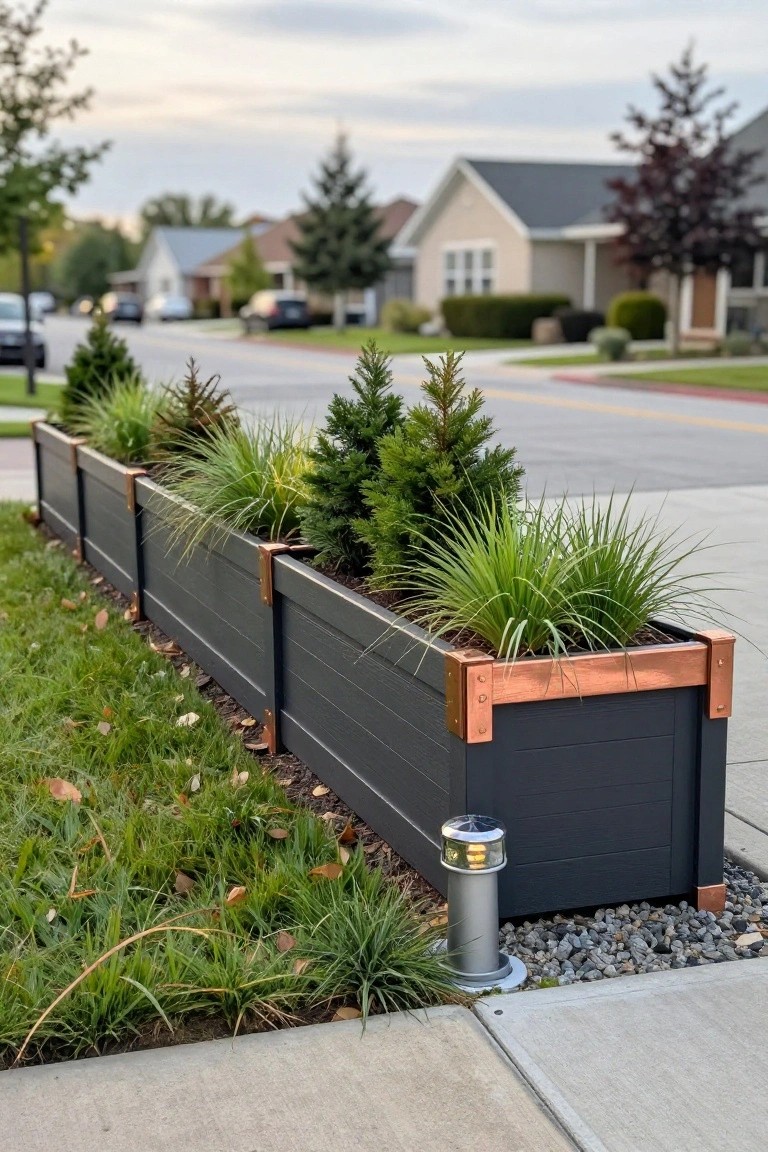 Long black wooden raised planters with copper metal edging line a sidewalk next to a grassy lawn, filled with ornamental grasses and small evergreen trees, with houses and a street in the background.
