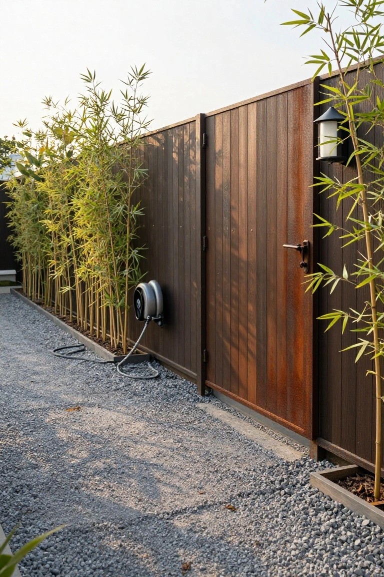 Dark wooden vertical slat fence and gate with tall bamboo plants planted along the base, gravel pathway in front, hose reel on the wall, and wall-mounted lantern light.