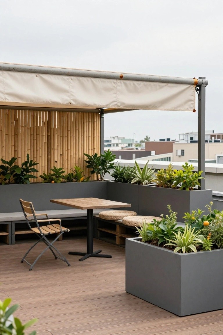 Rooftop terrace featuring a tall bamboo slat privacy screen, large gray planters with various green plants, a wooden dining table with chairs and cushioned bench seating on a wooden deck overlooking urban buildings under an overcast sky.