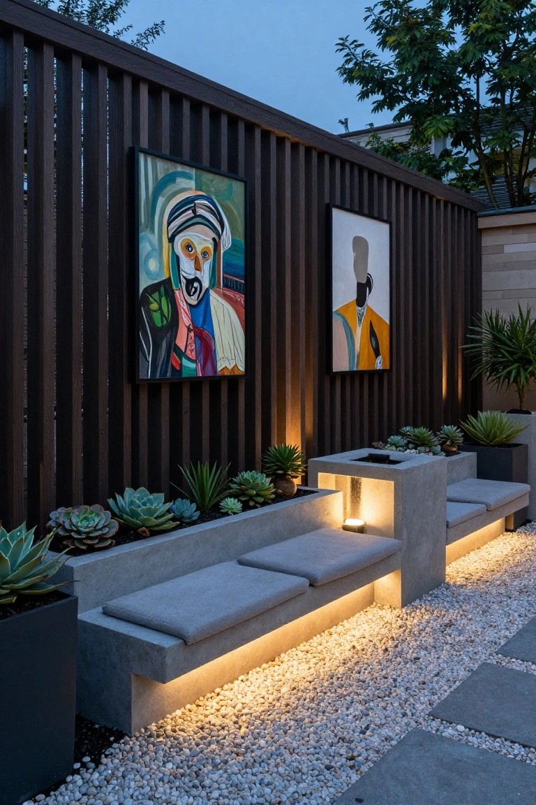 Dark slatted wooden fence with two framed abstract paintings mounted on it, adjacent to gray concrete benches with cushions and integrated lighting, surrounded by potted succulents and gravel with stone pavers.