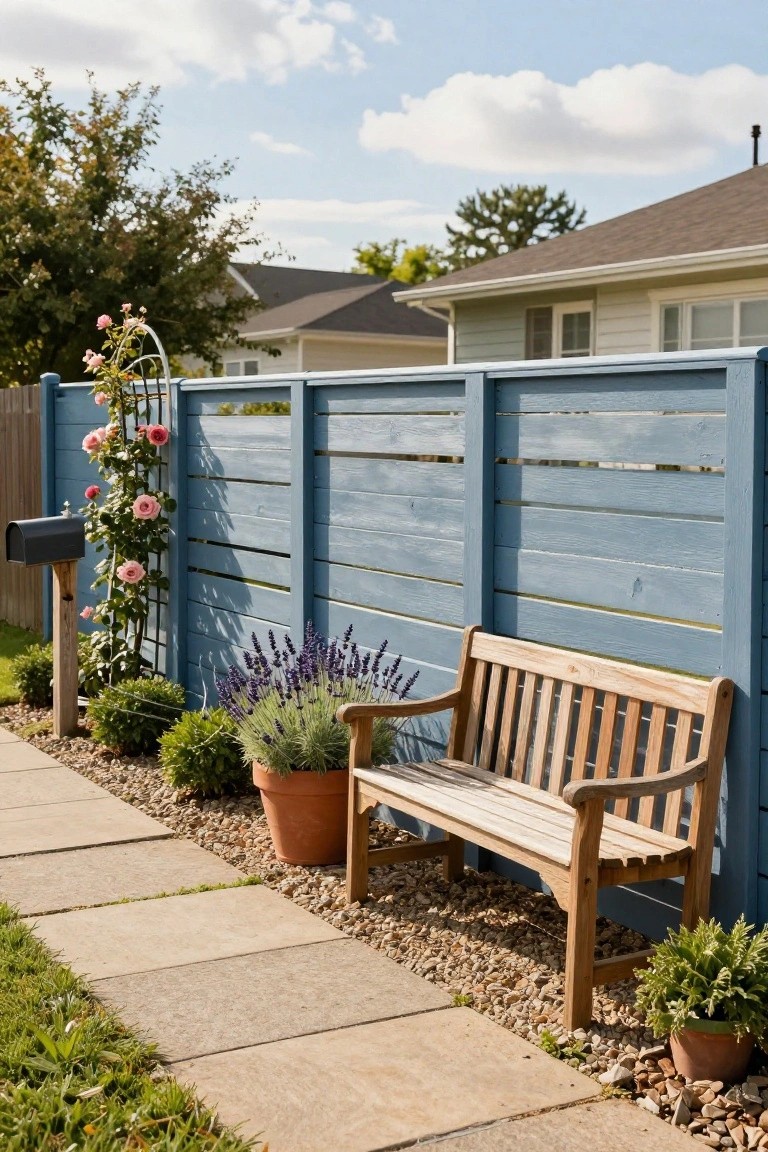 Blue horizontal slat wood fence runs alongside a paved stone path in a backyard, with a wooden bench positioned in front, climbing pink roses on a metal trellis, potted lavender and ferns in a gravel bed, and neighboring houses visible behind.