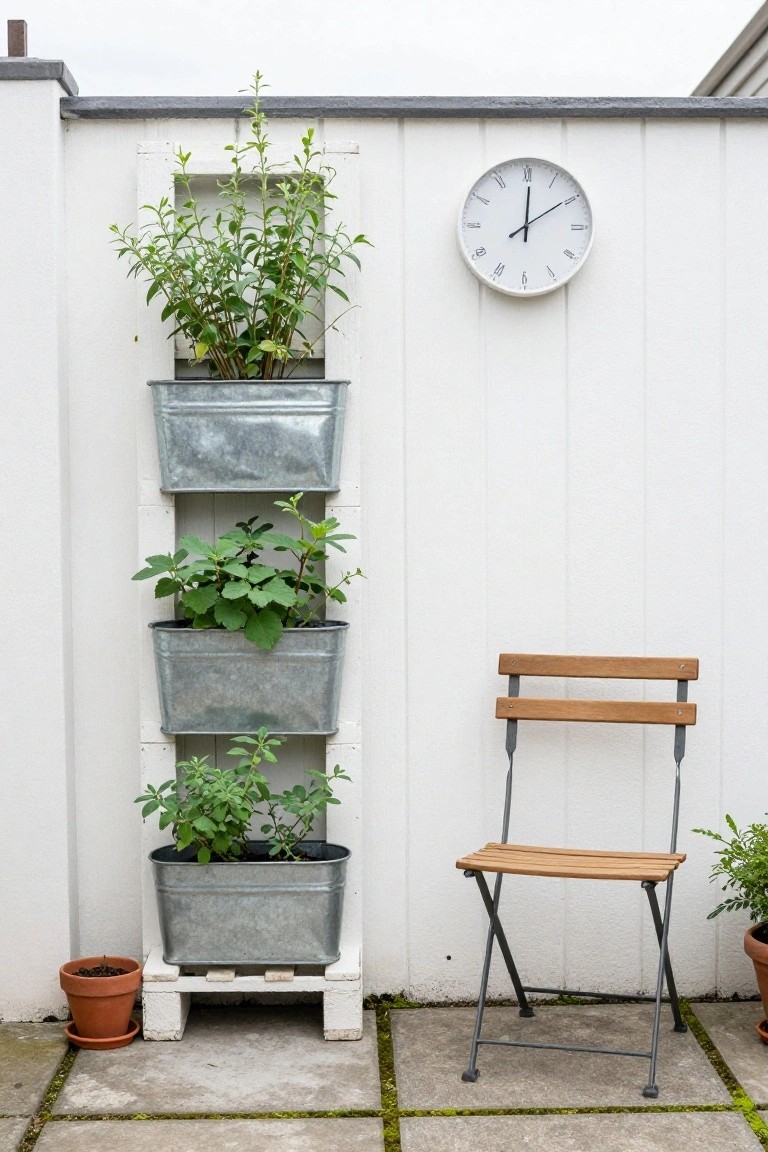 White wooden fence wall with four stacked galvanized metal bucket planters containing various green plants, a round white wall clock mounted nearby, a wooden folding chair on a mossy paved patio, and terracotta pots with plants at the base.