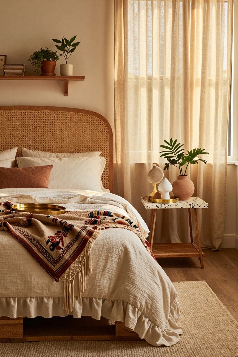 Bedroom with low wooden platform bed featuring curved rattan headboard, neutral beige bedding with patterned throw, terrazzo nightstand holding lamp and plants, wooden shelves with potted greenery, sheer curtains, and beige rug on wood floor.