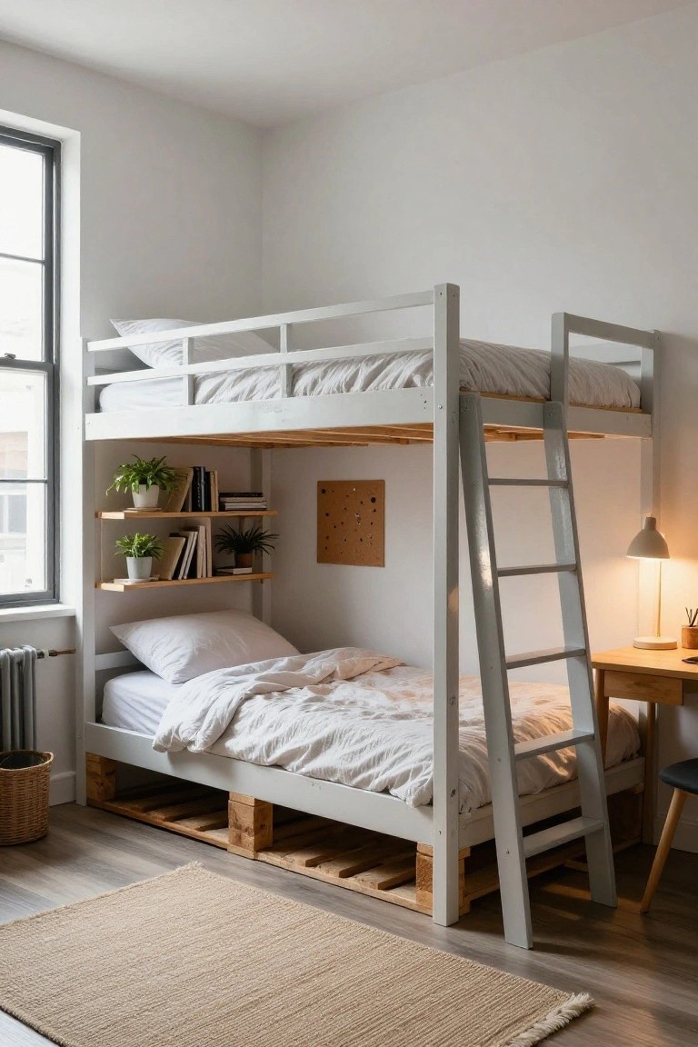 White bunk bed with wooden pallet base under the lower bunk in a corner bedroom, including ladder, shelves with plants and books, desk with lamp, white bedding, and beige rug on wood floor.