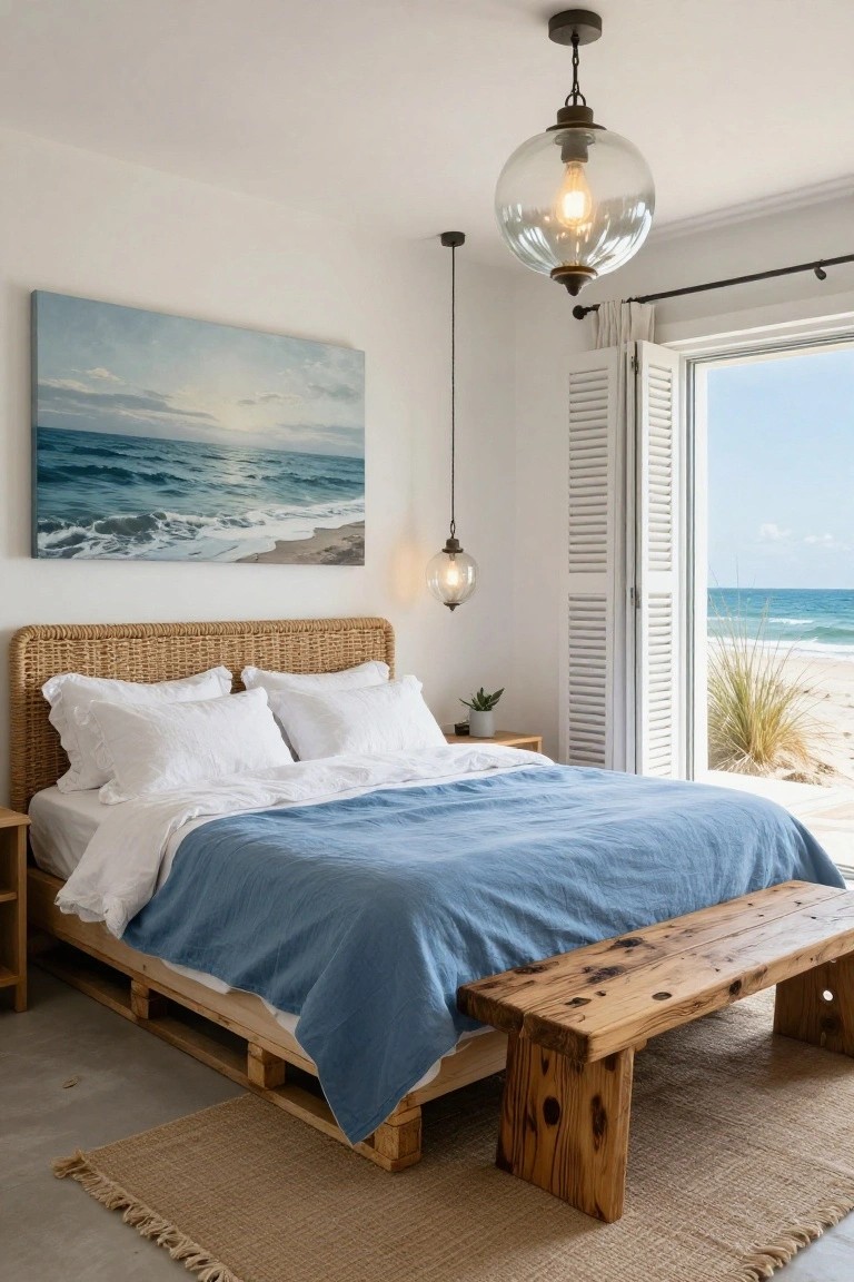 Bedroom interior with low bed on wooden pallet platform, rattan headboard, white ruffled pillows and blue linen throw, wooden bench at foot, pendant globe lights, and open shutters revealing ocean view.