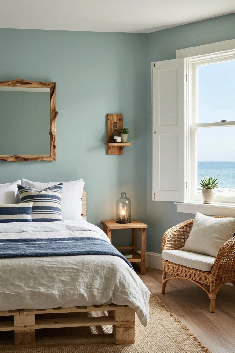 Bedroom corner with pallet wood bed frame, white and blue bedding, wooden side table with lamp, rattan chair, light blue walls, open shutters on window overlooking ocean.