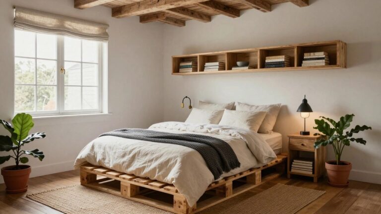 Bedroom with platform bed on stacked wooden pallets covered in white duvet and gray throw, wooden nightstand, potted plant, floating bookshelves, black wall lamp, and window with linen roman shade in white room with wood beam ceiling.