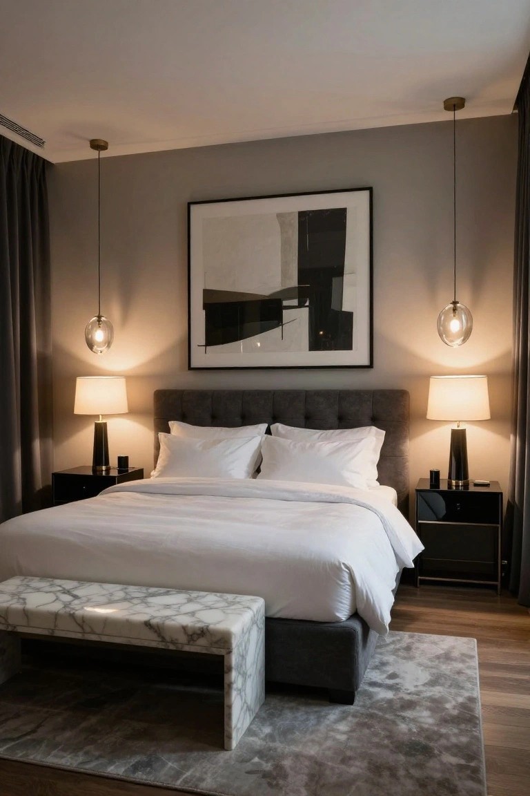 Modern bedroom with gray tufted headboard and platform bed dressed in white linens, flanked by black nightstands with brass lamps, large black-framed abstract artwork on gray wall, white marble bench at foot of bed, gray rug, and wood flooring.