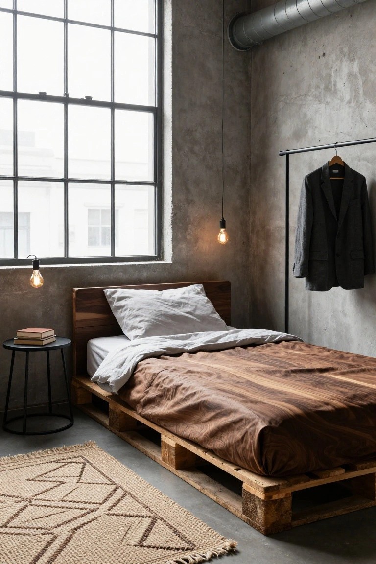 A minimalist bedroom featuring a low wooden pallet bed frame with brown leather bedding, a small black side table with stacked books, hanging bulb lights, exposed concrete walls and floor, a metal garment rack with a dark suit, and large industrial windows.