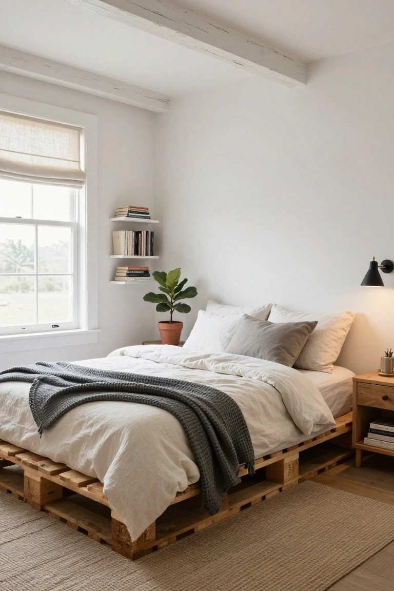 Bedroom with platform bed on stacked wooden pallets covered in white duvet and gray throw, wooden nightstand, potted plant, floating bookshelves, black wall lamp, and window with linen roman shade in white room with wood beam ceiling.