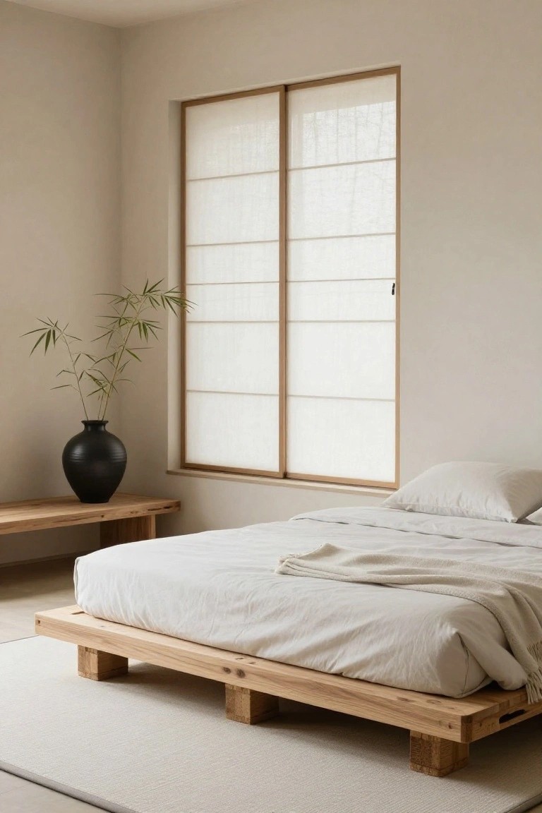 Minimalist bedroom with low wooden platform bed covered in white sheets and throw, black vase holding bamboo plant on wooden bench, shoji screen window, beige walls and floor.