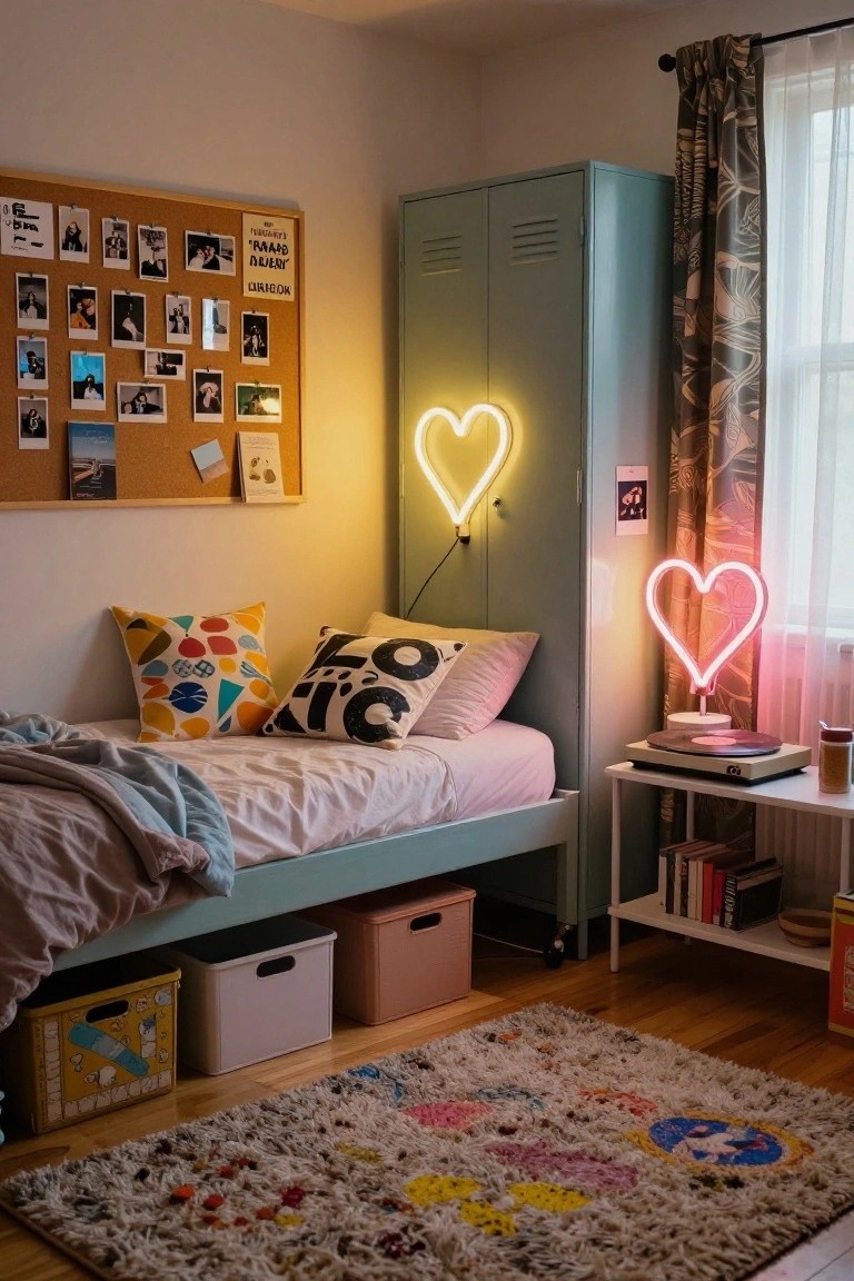 A bedroom with a low white bed frame, colorful storage boxes and crates underneath, turquoise metal locker cabinet, corkboard with photos, neon heart-shaped lights, turntable on a shelf, and a multicolored rug on wooden floors.