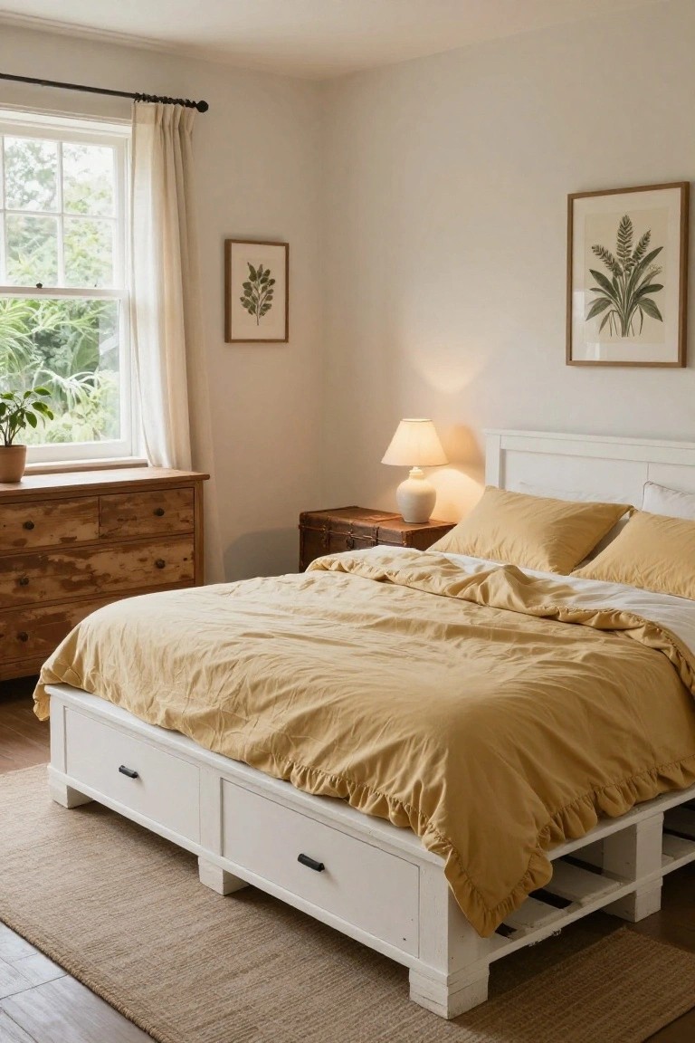 Cozy bedroom with a white pallet bed, mustard-yellow bedding, and framed botanical prints.
