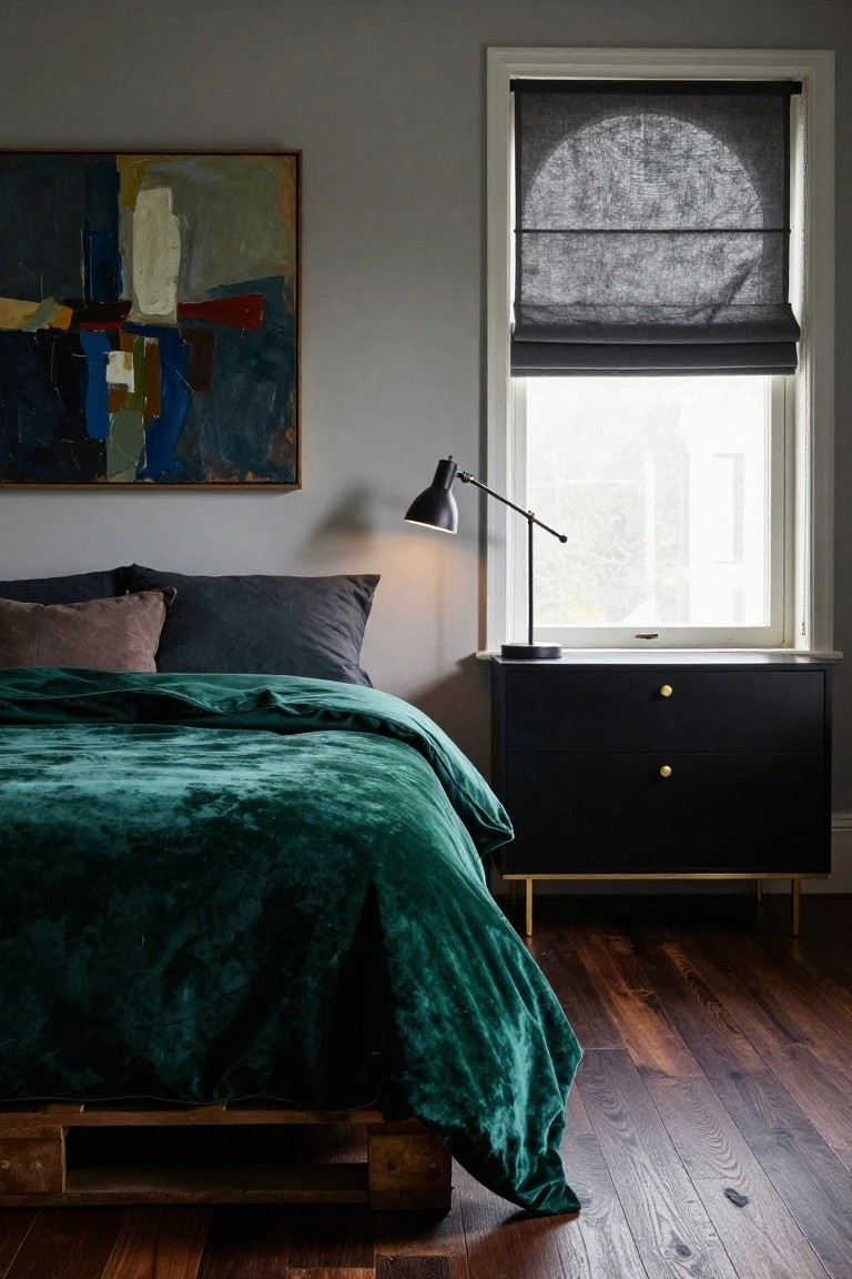 Bedroom featuring a bed on exposed wooden pallet base with green velvet duvet and pillows, black two-drawer nightstand with adjustable lamp, abstract painting on gray wall, and window with gray roman shade.