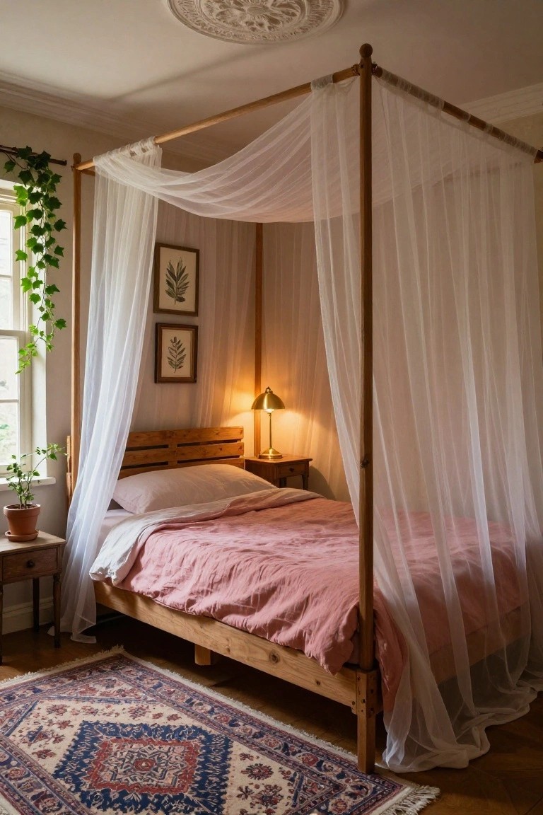 Wooden four-poster bed frame with sheer white canopy drapes over pink linens in a bedroom with ivy plants, framed leaf prints, brass lamp on side table, and patterned rug on wood floor.