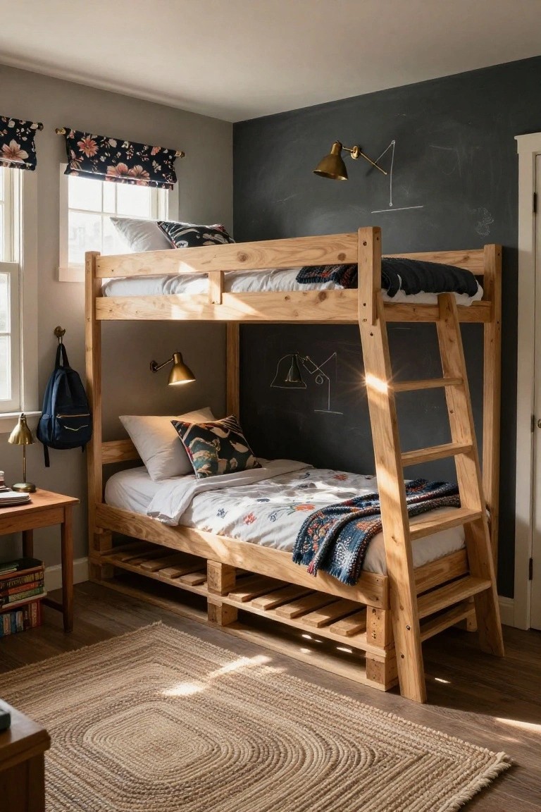 Wooden pallet bunk bed with ladder and under-bed storage in a child's bedroom with gray chalkboard wall, patterned bedding, desk, and jute rug.
