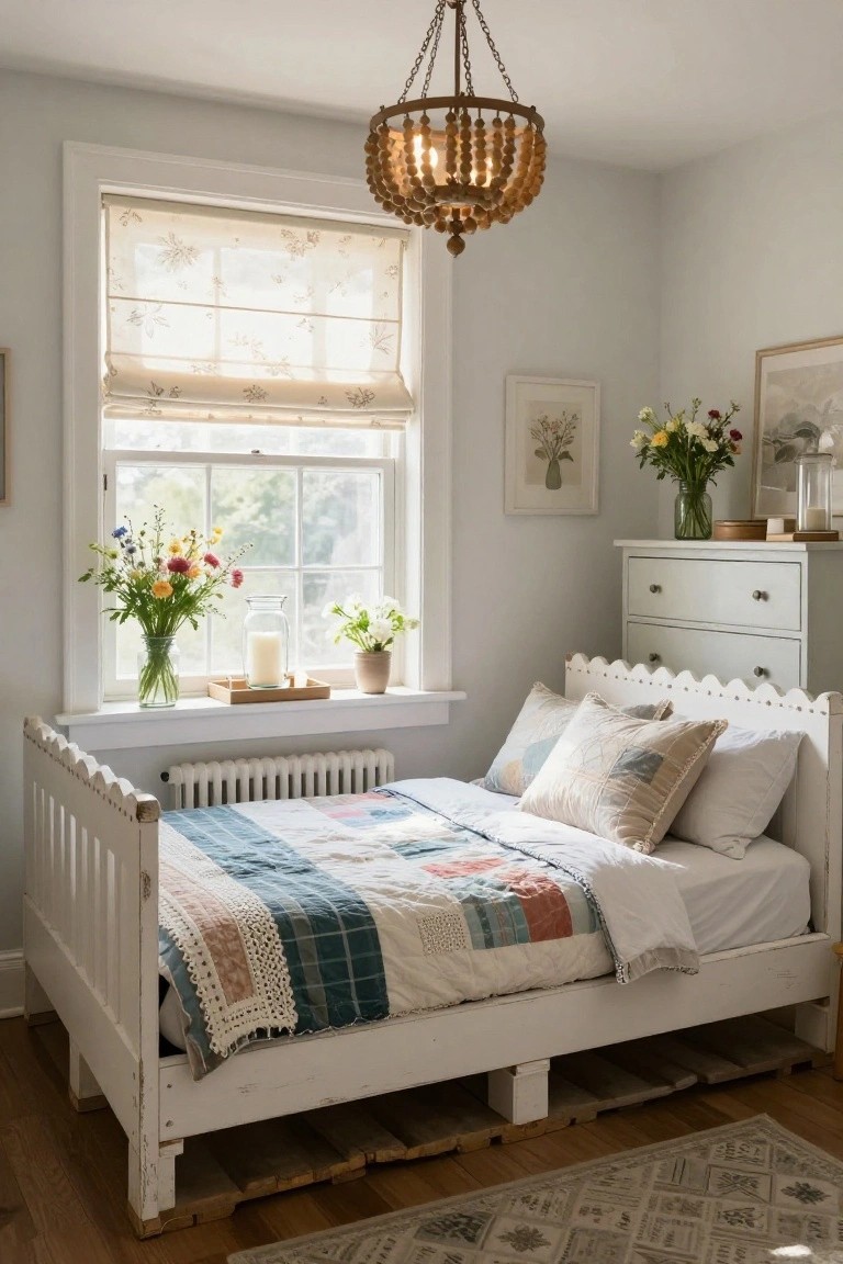 Corner of a light gray bedroom with a white spindle bed frame elevated on wooden pallets, colorful patchwork quilt and pillows on the bed, flowers in vases on the windowsill and dresser, artwork on walls.