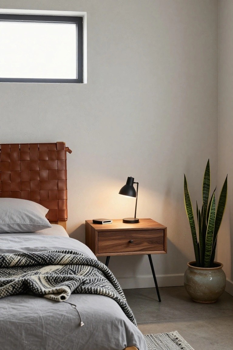 Bedroom corner with wooden bed featuring tan braided leather headboard, gray sheets and knit throw, wooden nightstand holding black task lamp and phone, large snake plant in ceramic pot, beside a window.
