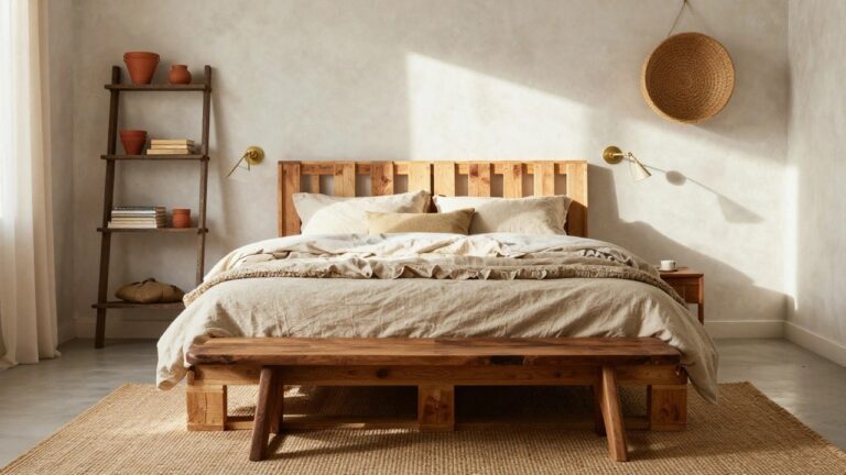 23 Gorgeous Wooden Pallet Bed Frames For A Warm Rustic Vibe A cozy bedroom with a low wooden pallet bed frame topped by beige linen bedding, a slatted wooden headboard, tan pillows, a ladder shelf holding books and terracotta pots, a wall-mounted basket, and a wooden bench at the bed's foot on a seagrass rug.