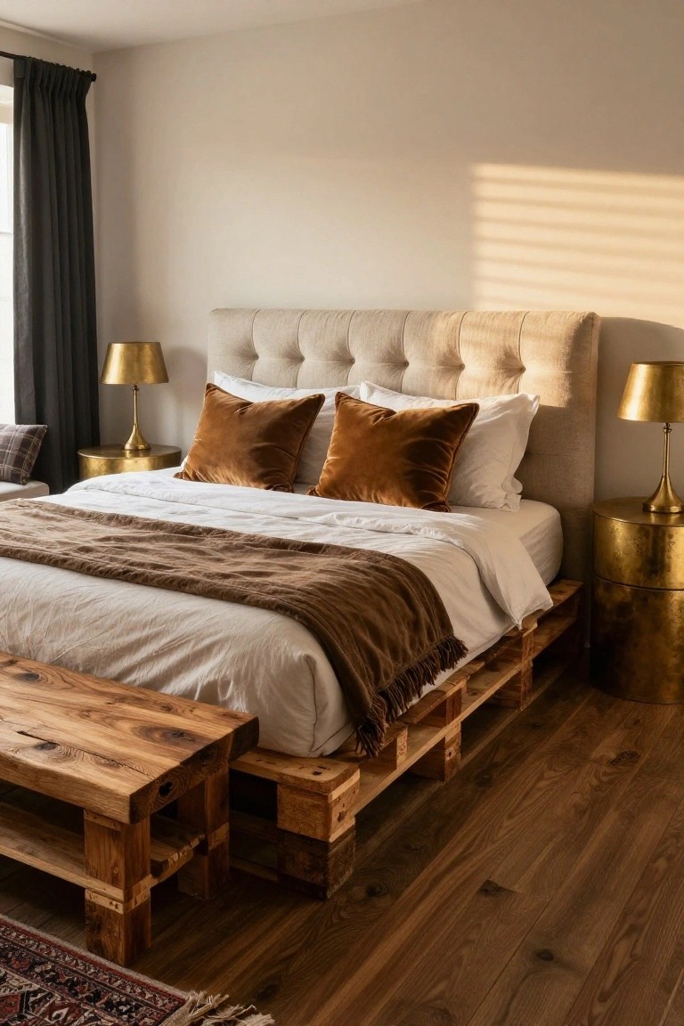 Bedroom with low platform bed frame built from stacked wooden pallets, beige tufted upholstered headboard, rust velvet pillows and white bedding, gold lamps on matching side tables, wooden bench at bed foot, wooden floors, and sheer curtains on window.