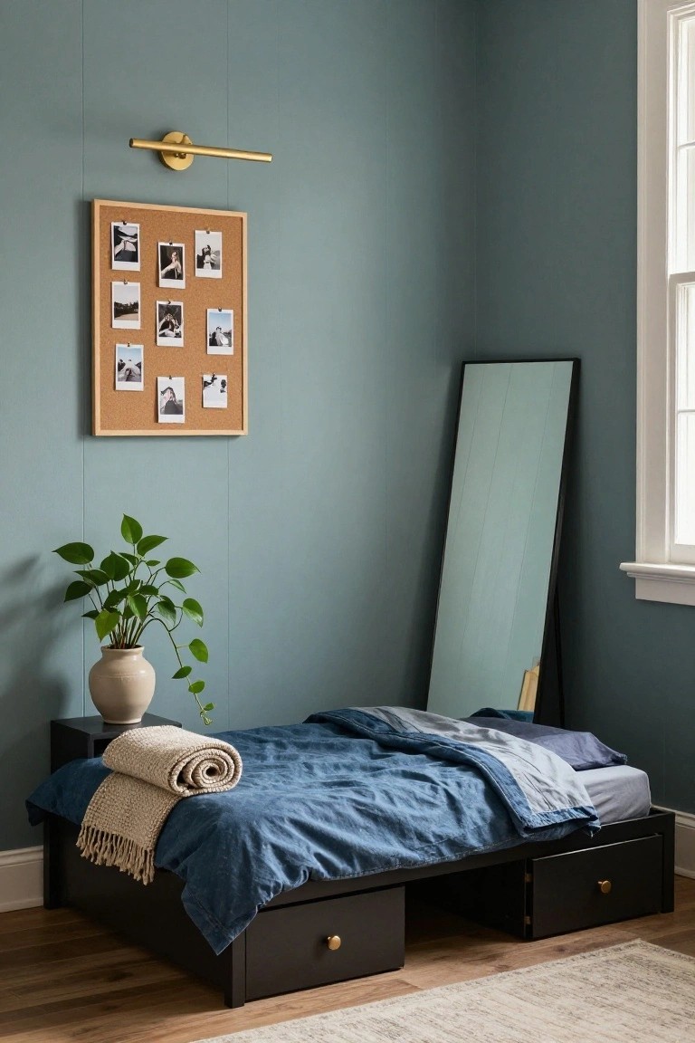 Corner of a teal bedroom with a low black wooden platform bed featuring storage drawers underneath, navy bedding, a rolled throw, potted plant on a side table, tall mirror, and corkboard with photos on the wall.