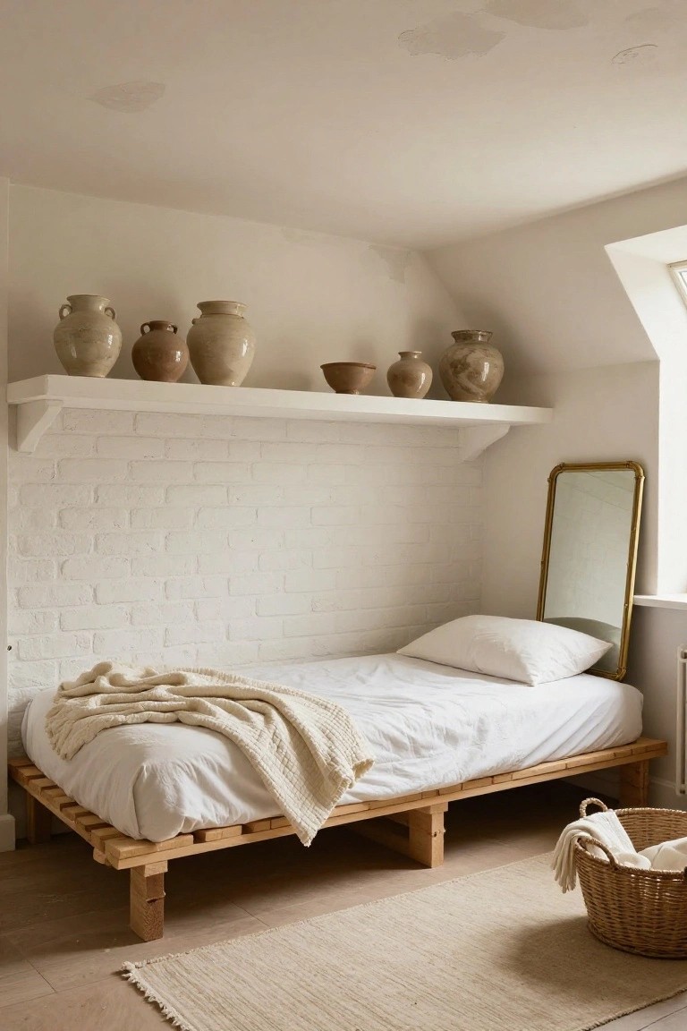 A low wooden pallet bed frame with white bedding and a cream knit throw in an attic bedroom with white brick walls, white shelves holding beige ceramic pots, a gold oval mirror, and a seagrass rug on light wood floors.