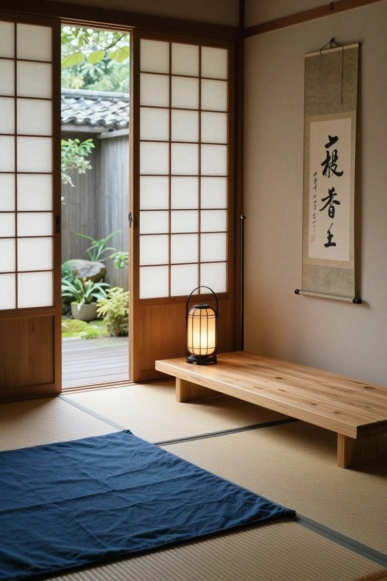 Traditional Japanese room interior with tatami floor mats, low rectangular wooden table, blue floor cushion, lit paper lantern, open shoji doors to rock garden, and hanging wall scroll.