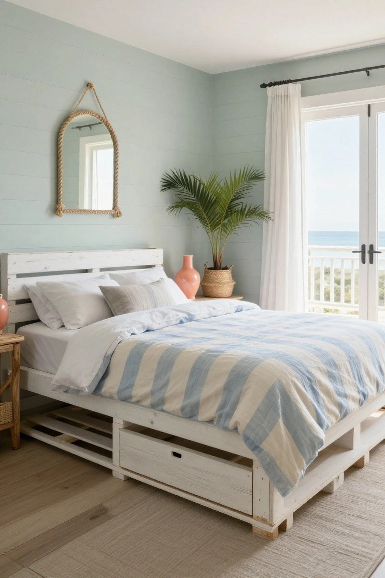 Bedroom interior with a white wooden pallet bed frame featuring underbed drawers, white and blue striped bedding, rope-hung round mirror, potted plants and coral pots, white curtains on sliding glass doors to ocean balcony, shiplap walls, and light wood floors.