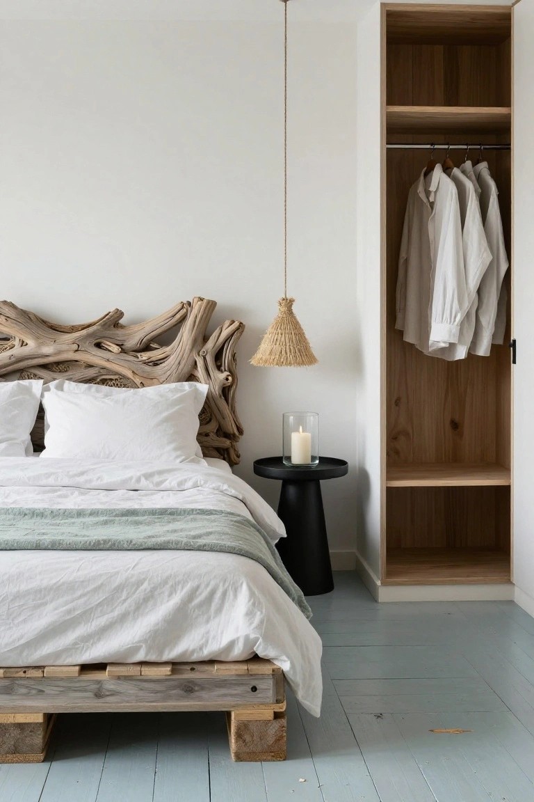 Bedroom interior with low bed on gray wooden pallet frame, irregular driftwood headboard, white sheets and pillows, teal throw blanket, black side table holding glass candle, rattan pendant lamp overhead, open wooden wardrobe with white shirts hanging, white walls, and light blue painted floorboards.