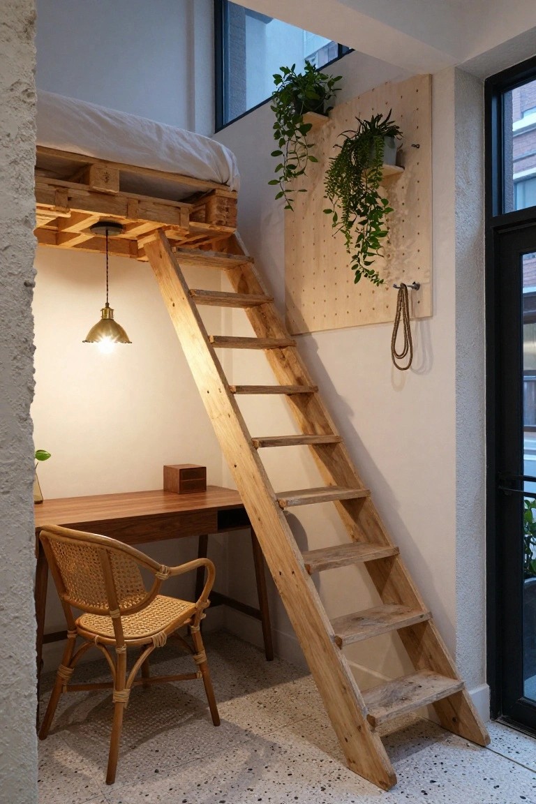 Small interior room featuring a loft bed frame built from wooden pallets elevated above a wooden desk and rattan armchair, accessed by adjacent wooden ladder stairs, with plants on walls and a hanging brass lamp.