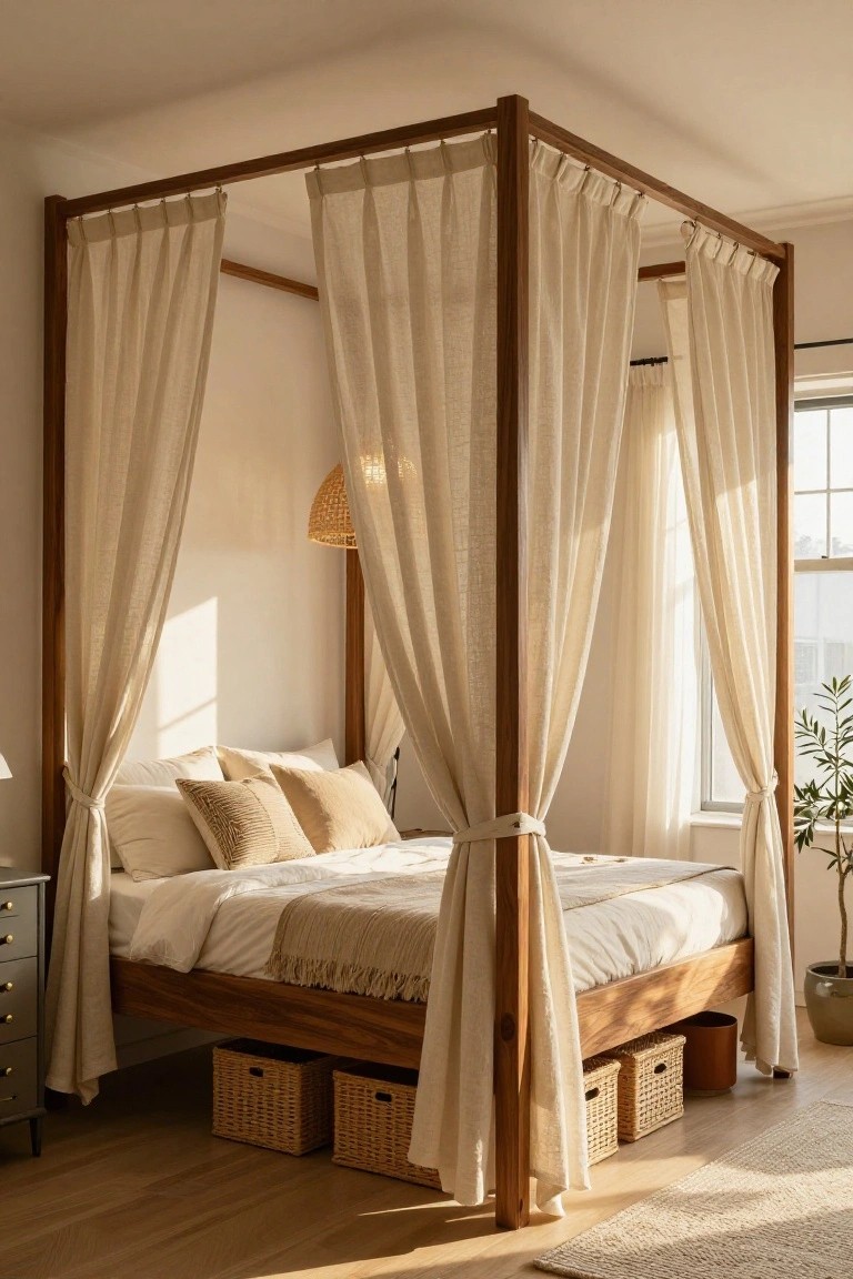 A bedroom with a wooden four-poster canopy bed draped in sheer white curtains, neutral bedding, pillows, a bedside table, woven baskets under the bed, and a potted plant near the window.