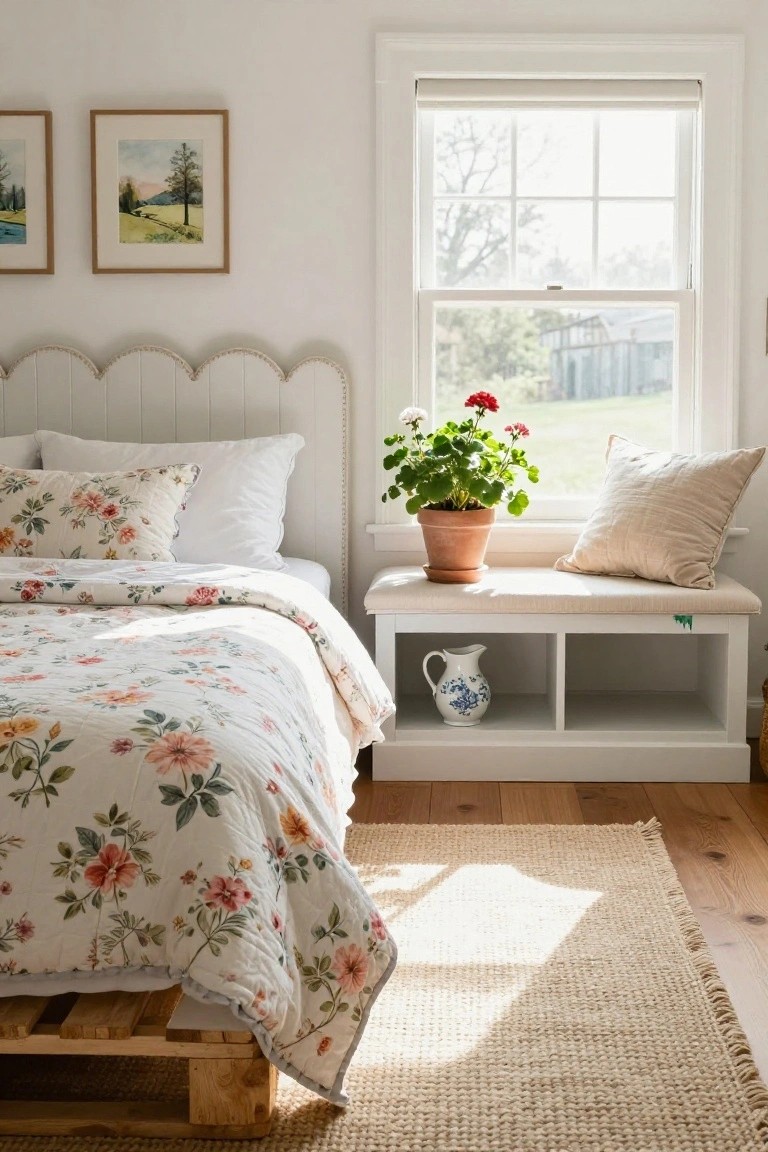 Bedroom with white scalloped headboard bed on wooden pallets, floral quilted bedding, window bench holding geranium plant and white jug, two landscape paintings on wall, hardwood floor, and seagrass rug.