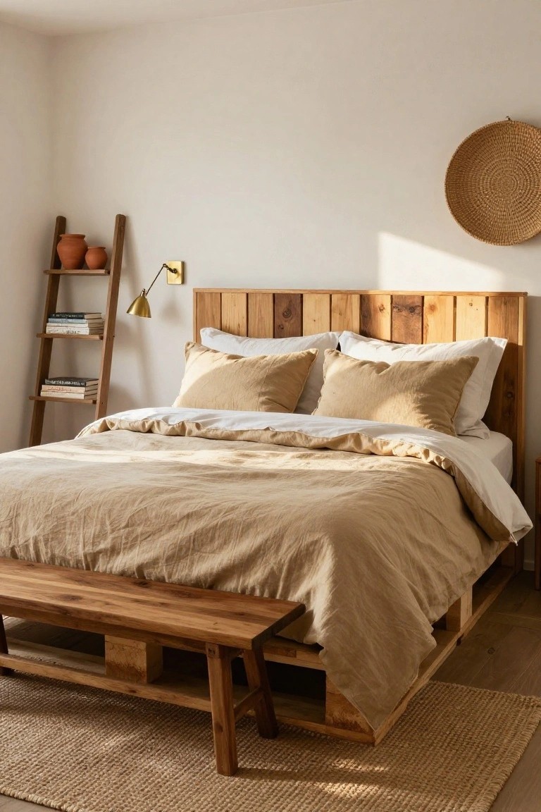 A cozy bedroom with a low wooden pallet bed frame topped by beige linen bedding, a slatted wooden headboard, tan pillows, a ladder shelf holding books and terracotta pots, a wall-mounted basket, and a wooden bench at the bed's foot on a seagrass rug.