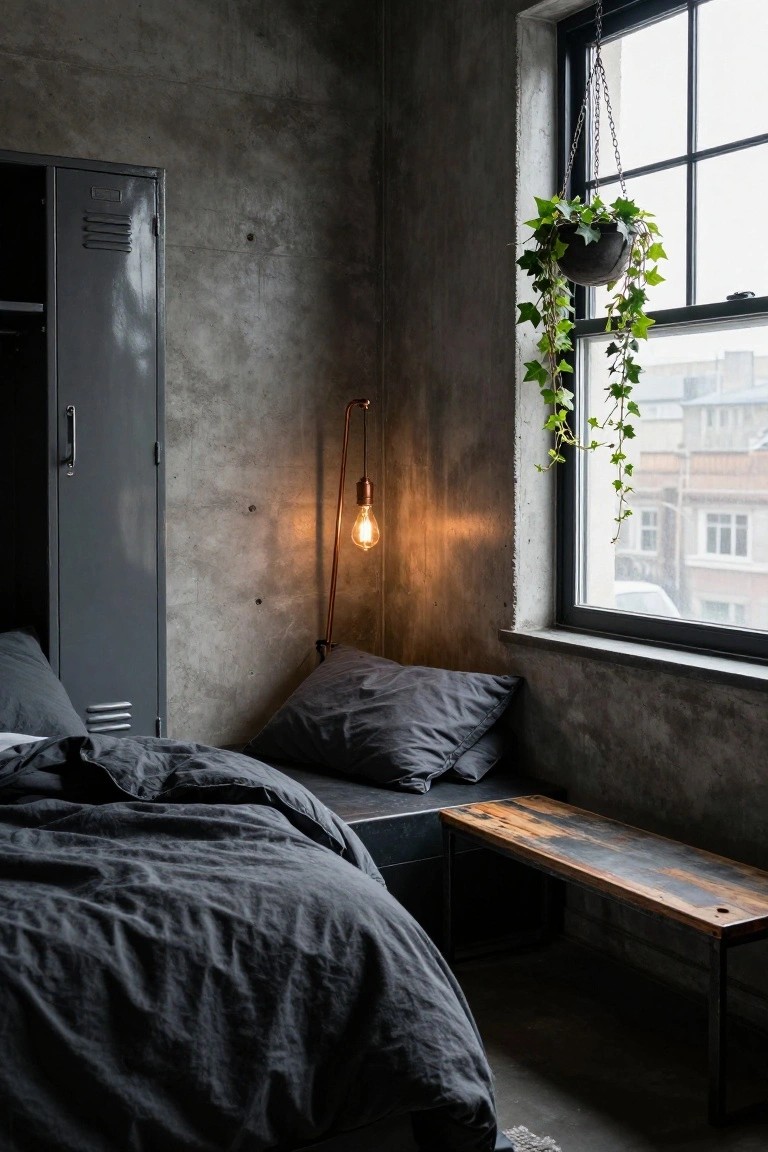 Gray concrete-walled bedroom corner featuring a low bed with dark linens, wooden plank bench at foot, metal locker cabinet, wall-mounted copper lamp, and hanging ivy plant by large window.