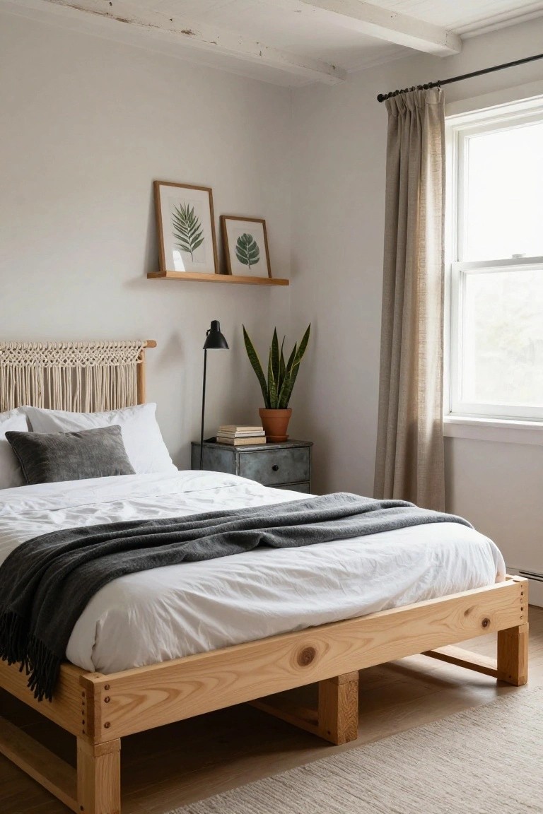 Bedroom with low natural pine platform bed frame, white sheets and gray throw blanket, macrame-wrapped headboard, metal nightstand holding books and potted snake plant, near window with beige linen curtains.