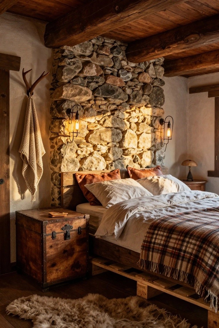 Bedroom interior with a bed on an elevated wooden pallet frame against a stone wall, wooden ceiling beams, wall lanterns, a wooden trunk nightstand, and a sheepskin rug on the floor.